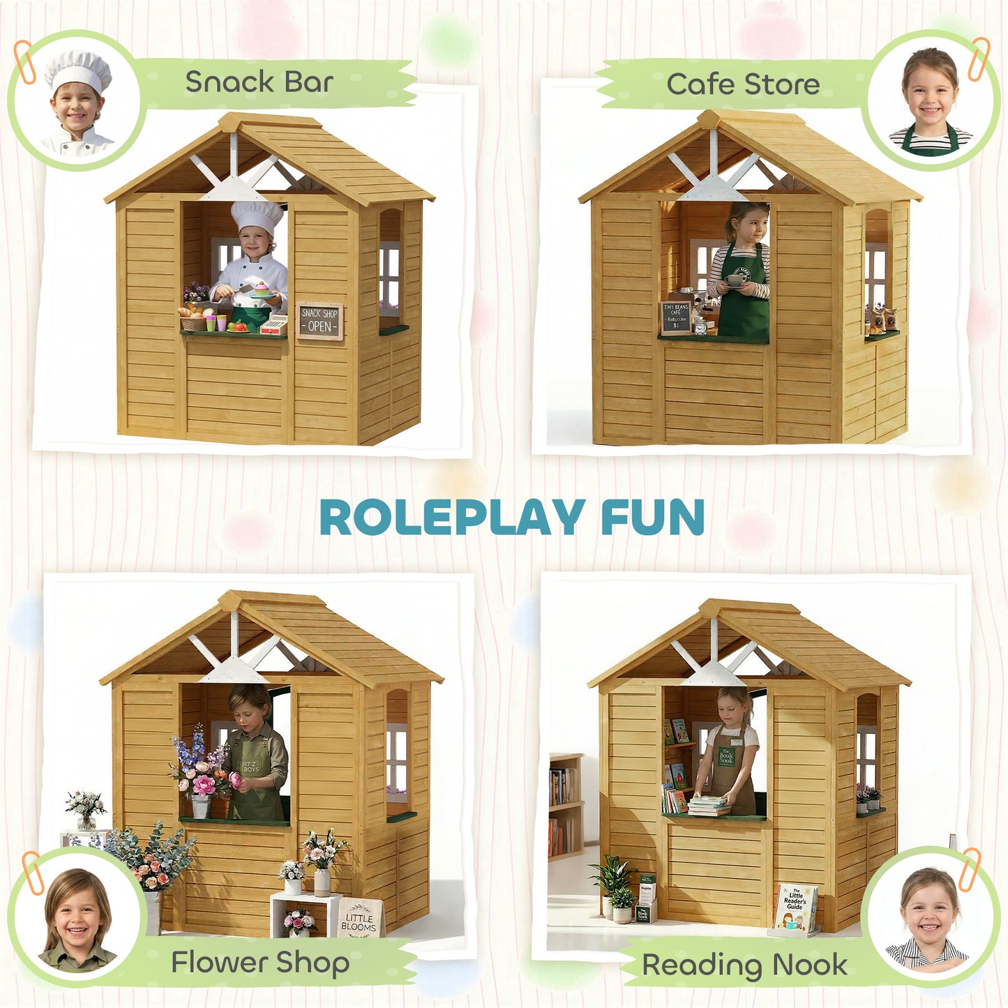 Outdoor Kids Playhouse, Wooden Wendy House with Door, 3 Windows, 2 Flower Boxes for Garden, Indoor Playroom