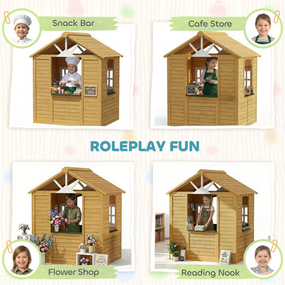 Outdoor Kids Playhouse, Wooden Wendy House with Door, 3 Windows, 2 Flower Boxes for Garden, Indoor Playroom