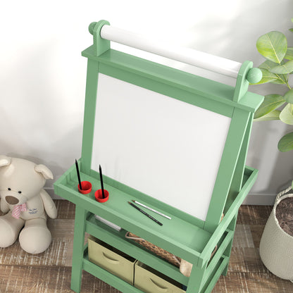 3 in 1 Kids Easel Double-Sided Magnetic Whiteboard and Chalkboard with Paper Roll, Storage Baskets - Green