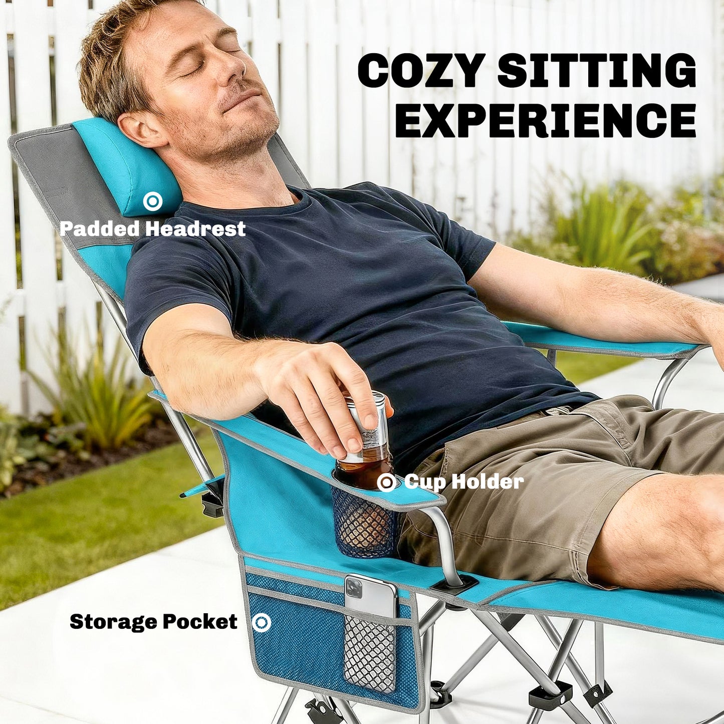 Set of 2 Reclining Folding Camping Chair w/ Detachable Footrest, Storage Bag, Cup Holder & Headrest, Blue and Grey