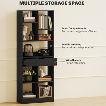 Tall Bookshelf with Drawer, Freestanding Bookcase for Bedroom, Living Room, Home Office, Black