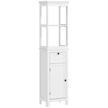 Tall Bathroom Cabinet, Slim Bathroom Storage Cabinet with 2 Open Shelves, Soft Close Door and Drawer, Adjustable Shelf