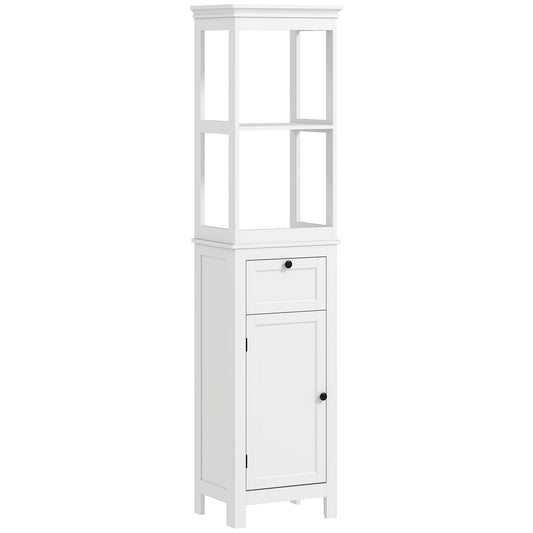 Tall Bathroom Cabinet, Slim Bathroom Storage Cabinet with 2 Open Shelves, Soft Close Door and Drawer, Adjustable Shelf