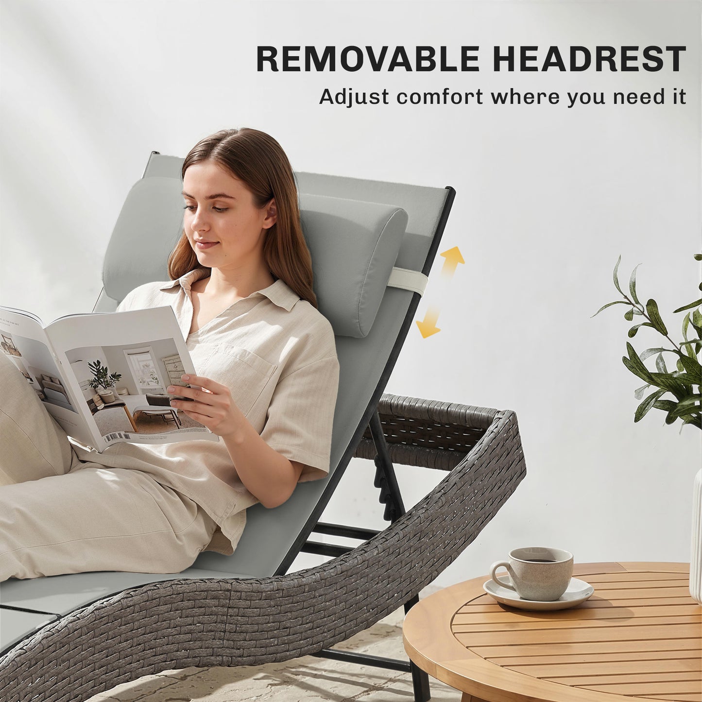 Rattan Sun Lounger, Garden Recliner with 5 Position Adjustable Back, S Shaped Texteline Seat, Headrest, Light Grey