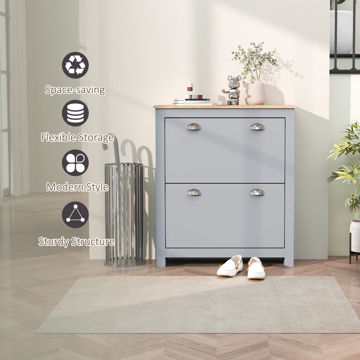 2 Drawer Shoe Cabinet Modern Narrow Shoe Cupboard Hallway Wooden Storage Organiser with Flip Doors Adjustable Shelf for 6-12