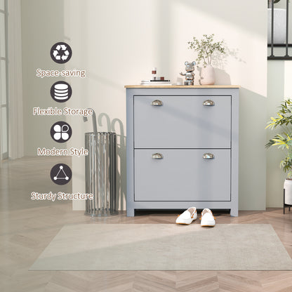 2 Drawer Shoe Cabinet Modern Narrow Shoe Cupboard Hallway Wooden Storage Organiser with Flip Doors Adjustable Shelf for 6-12