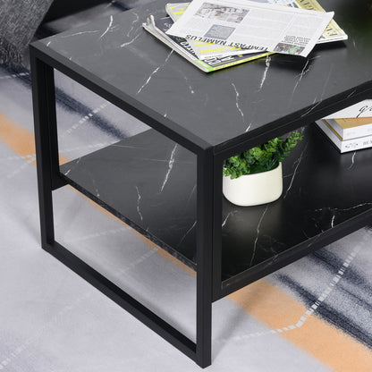Coffee Table, Two-Tier Faux Marble Effect Centre Table with Metal Frame and Storage Shelf for Living Room, 106 x 50 x 45cm