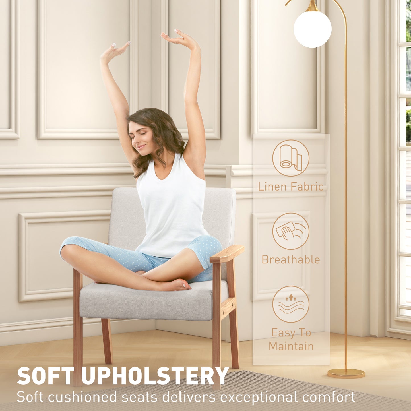 Modern Armchair, Linen Upholstered Accent Chair with Solid Wood Legs and Wide Seat