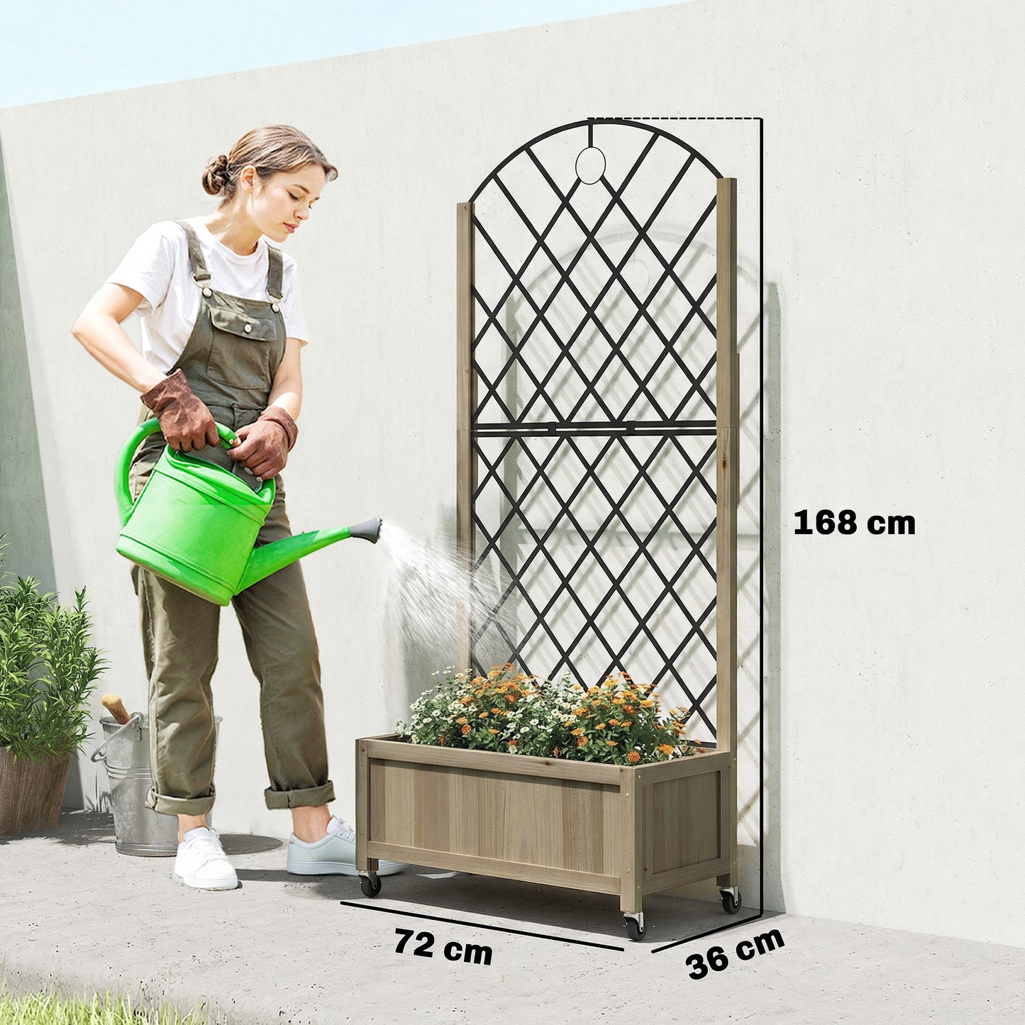 Raised Garden Bed with Metal Trellis, Wooden Elevated Planter Box w/Lockable Wheels, Outdoor Raised Planter, Carbonised