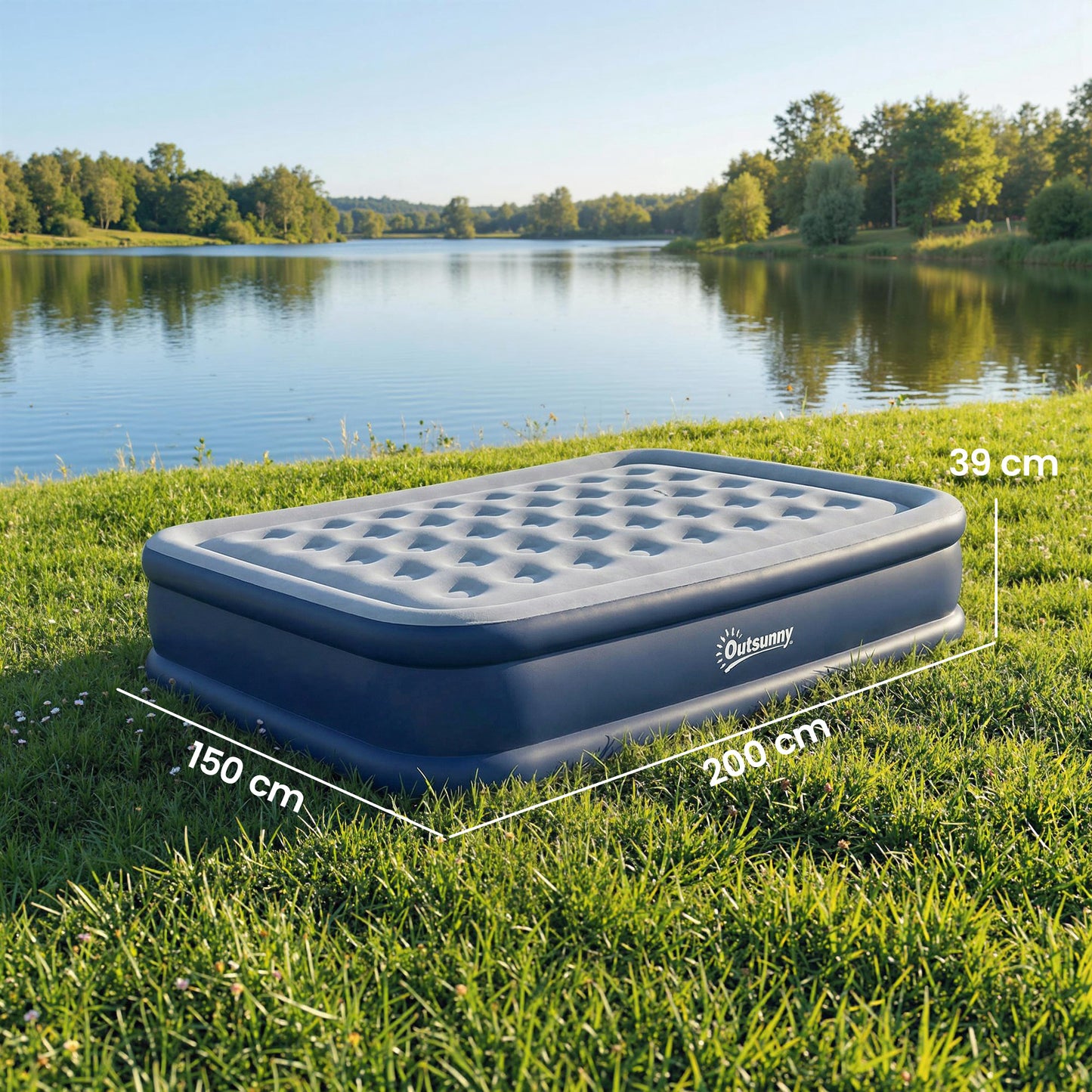 Inflatable Mattress, Double Air Bed with Built-in Electric Pump, 3 Mins Inflation, Flocked Surface, Grey