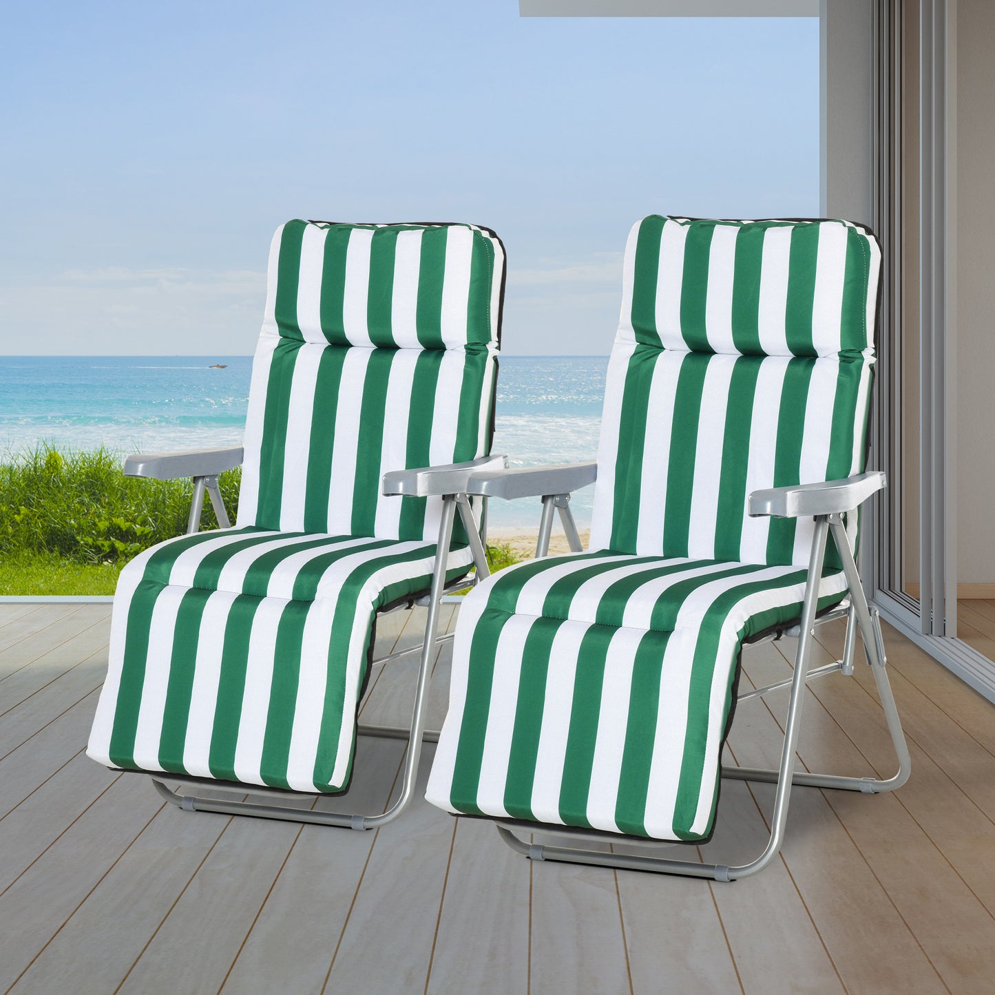 2 Pieces Outdoor Sun Lounger Set with Cushions, Patio Folding 5-Level Adjustable Backrest Recliner Chairs Set of 2 with High