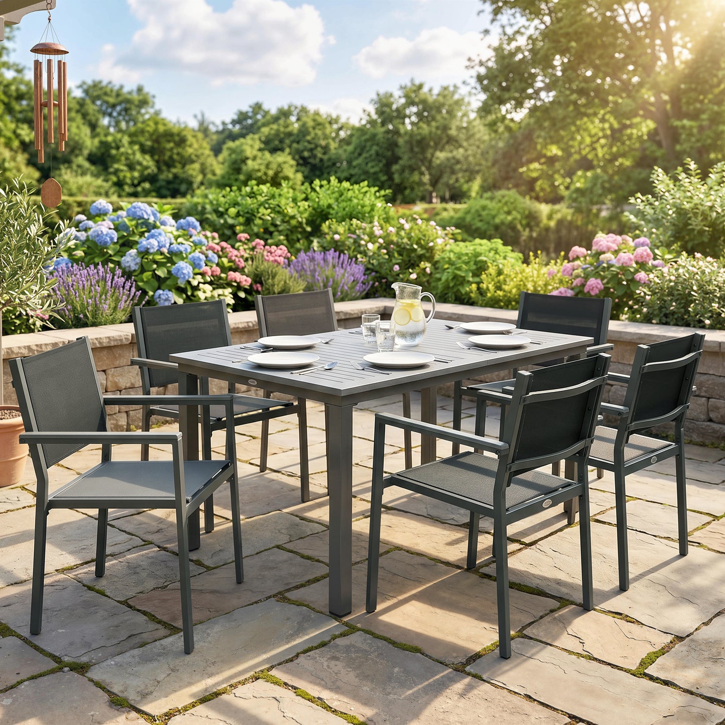 Garden Dining Set with Acacia Wood Table Top, Outdoor Table and Stackable Chairs Set for 6 with Texteline Seat, Grey