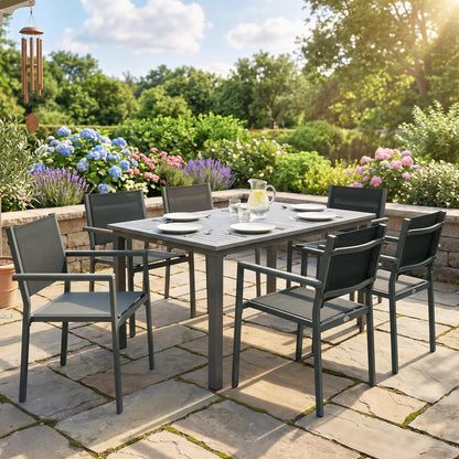 Garden Dining Set with Acacia Wood Table Top, Outdoor Table and Stackable Chairs Set for 6 with Texteline Seat, Grey