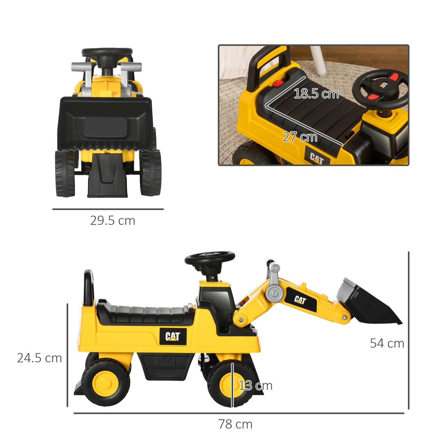 Ride on Tractor, CAT Licensed Kids Ride On Digger Excavator, Construction Toy Car with Adjustable Bucket, Horn