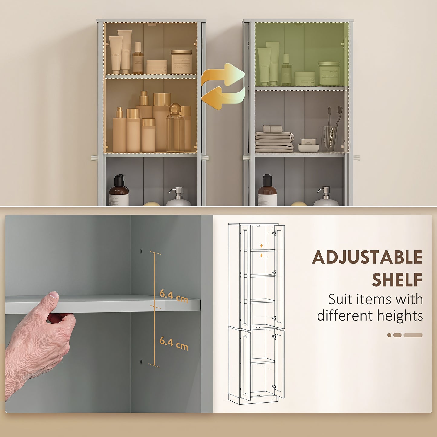 Tall Bathroom Storage Cabinet, 6-Tier Slim Bathroom Cabinet with Adjustable Shelf, 4 Soft-Close Doors, Dusty Blue