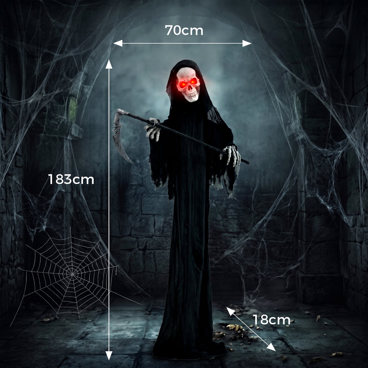 183cm Life Size Animated Grim Reaper Halloween Decoration, Scary Halloween Animatronics Decor with Sound Touch Activated