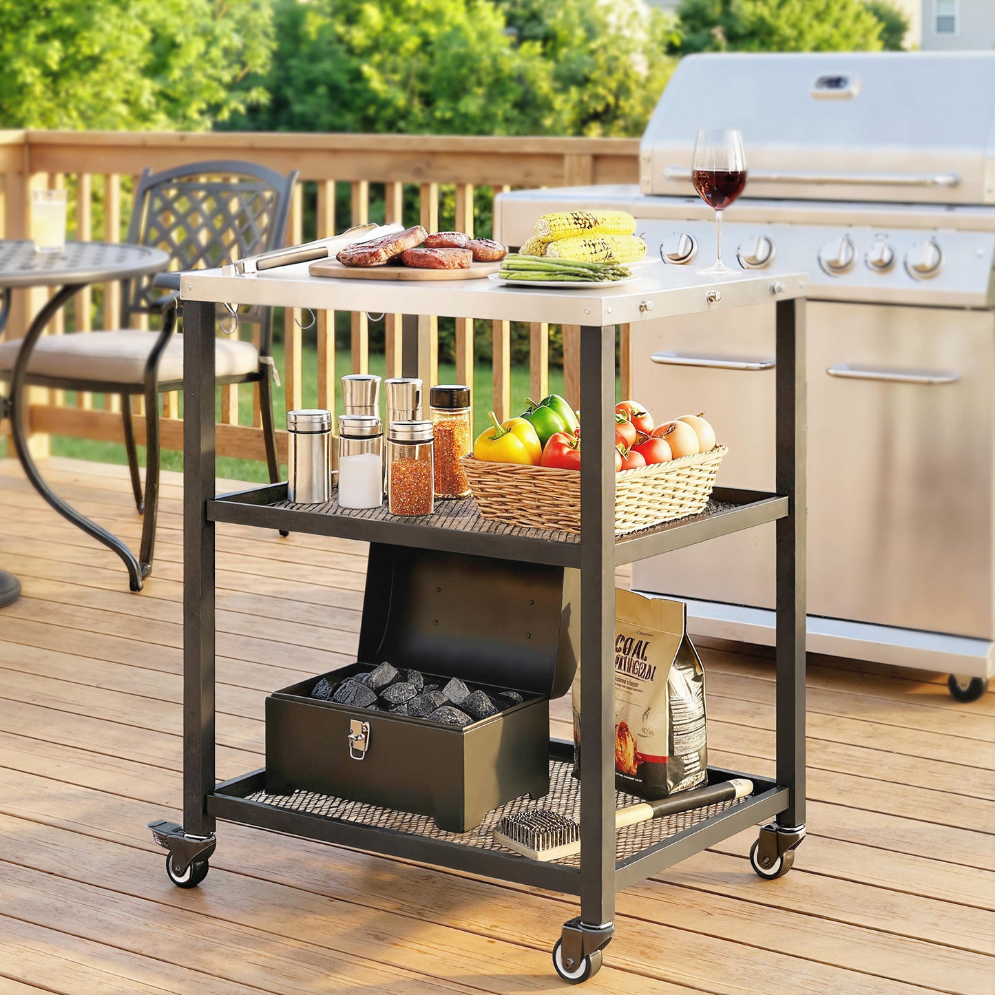 Outdoor Grill Cart with Stainless Steel Tabletop, 3-Tier Pizza Oven Stand with Adjustable Shelf, Hooks, Wheels, Black