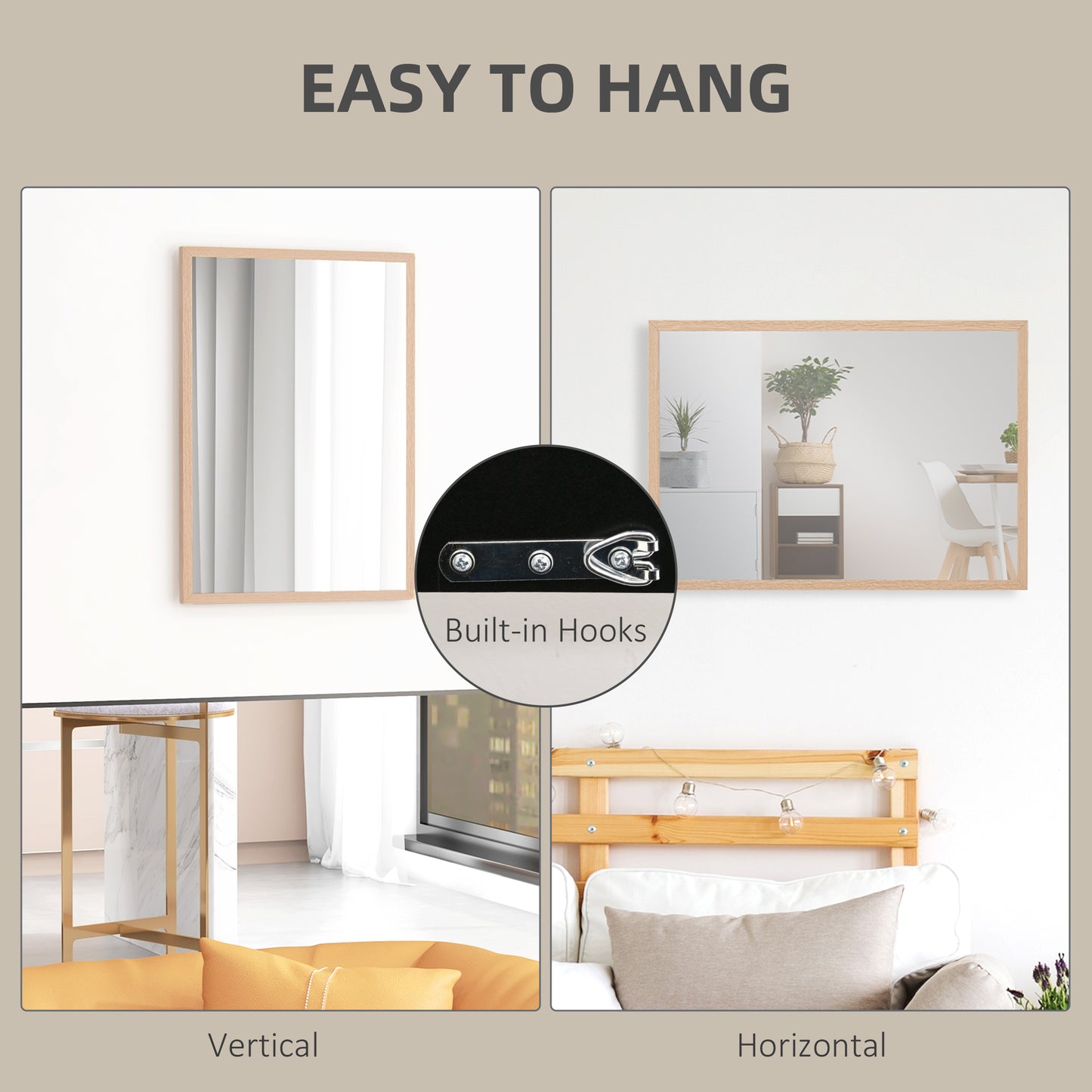 Wall Bathroom Mirror, 70 x 50 cm Wall-Mounted Mirror for Living Room, Bedroom, Hallway, Natural Wood