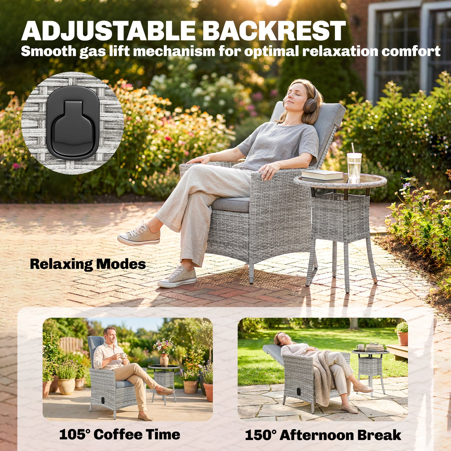 Rattan Bistro Set, Reclining Garden Chairs and Glass Coffee Table with Cushions for Patio Balcony Porch, Light Grey