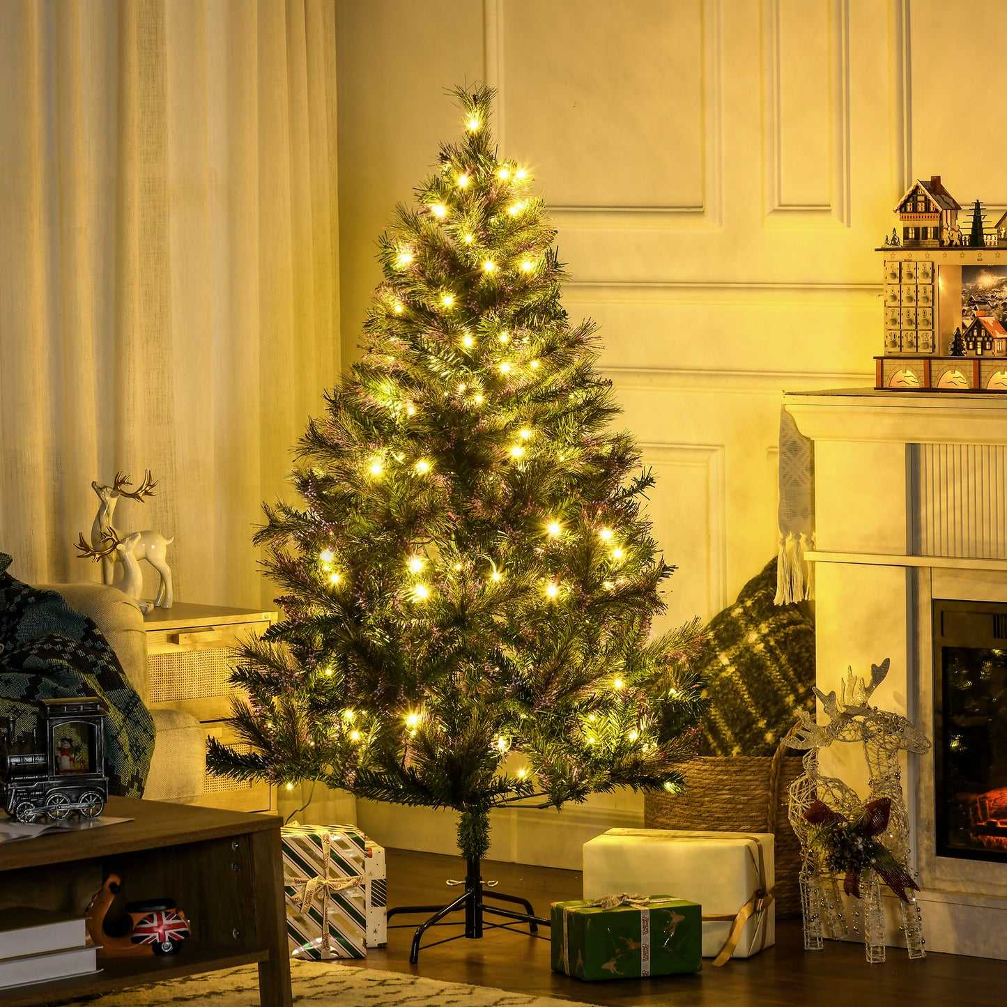 1.5m 5ft Pre-Lit Christmas Tree Artificial Spruce Xmas Tree Warm White LED Holiday Décor with Metal Stand