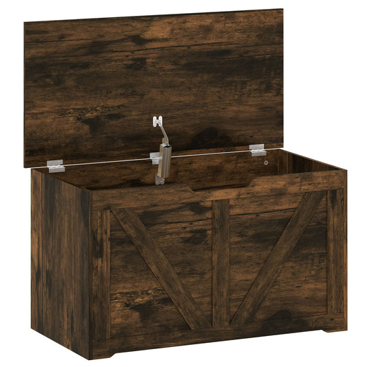 100L Home Storage Box, with Safety Hinge - Rustic Brown Wood-Effect