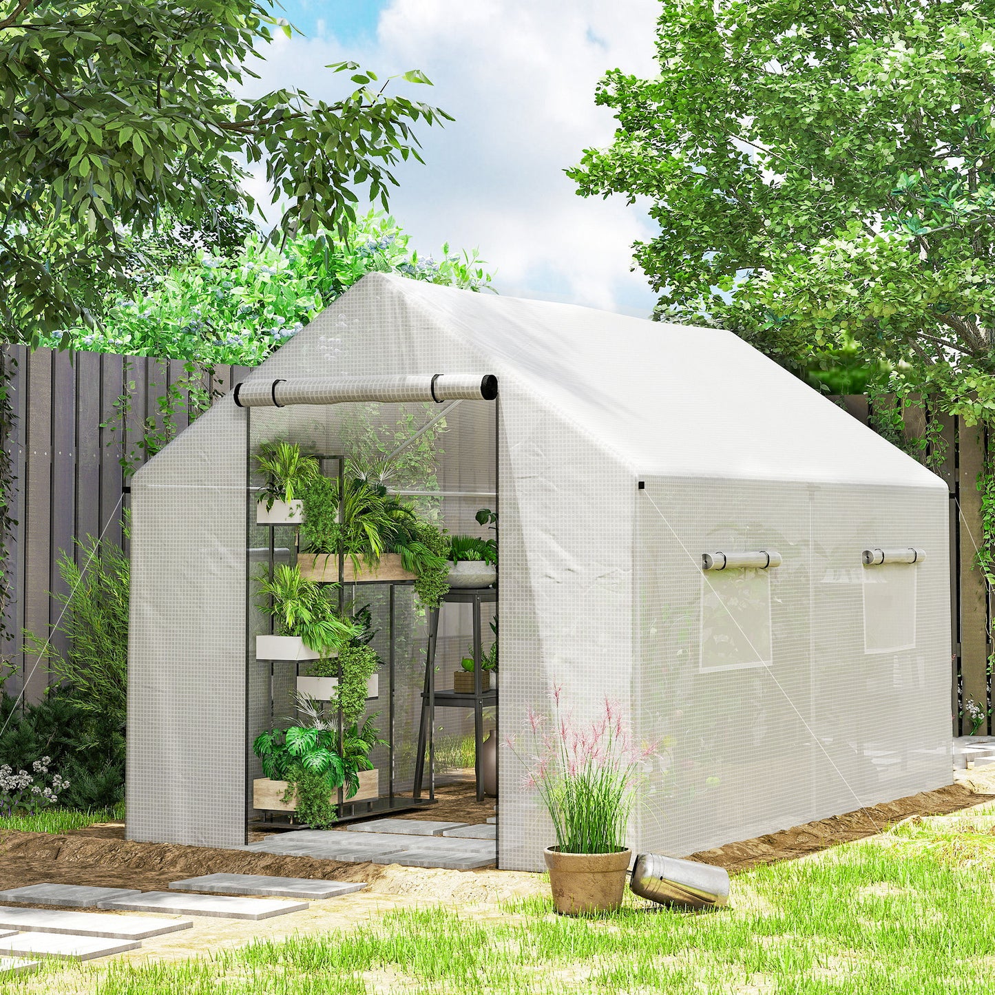 Polyethylene Walk-in Polytunnel Greenhouse with Roll-up door and UV-resistant plastic cover, 2 x 3(m), White