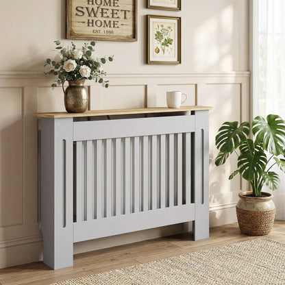 Slatted Radiator Cover, Painted Cabinet with Line Grill Design, 112L × 19W × 81H cm, Grey