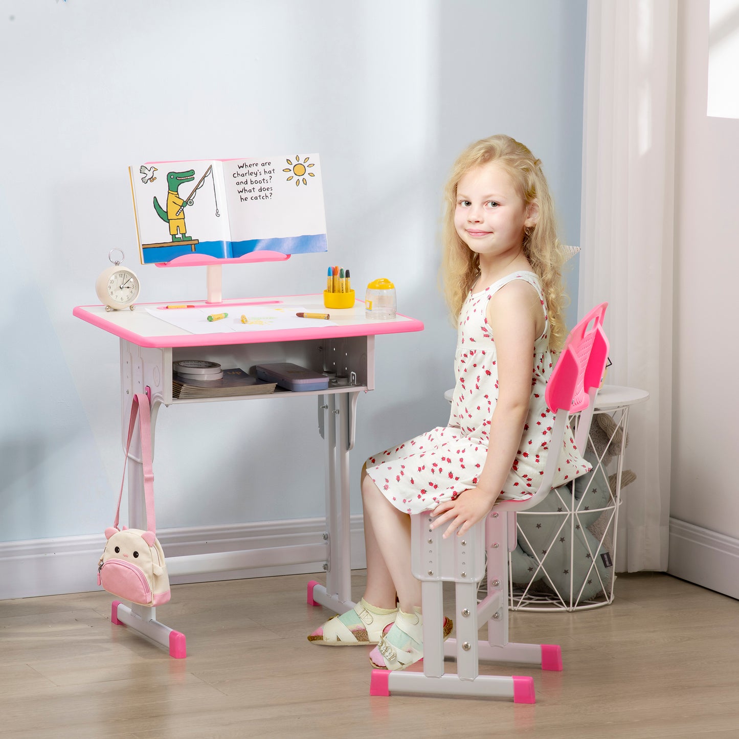 Kids Adjustable Desk and Chair Set, Book Stand, Pen Slot - Pink
