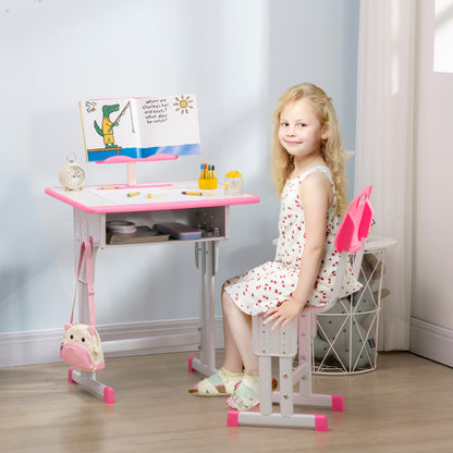 Kids Adjustable Desk and Chair Set, Book Stand, Pen Slot - Pink