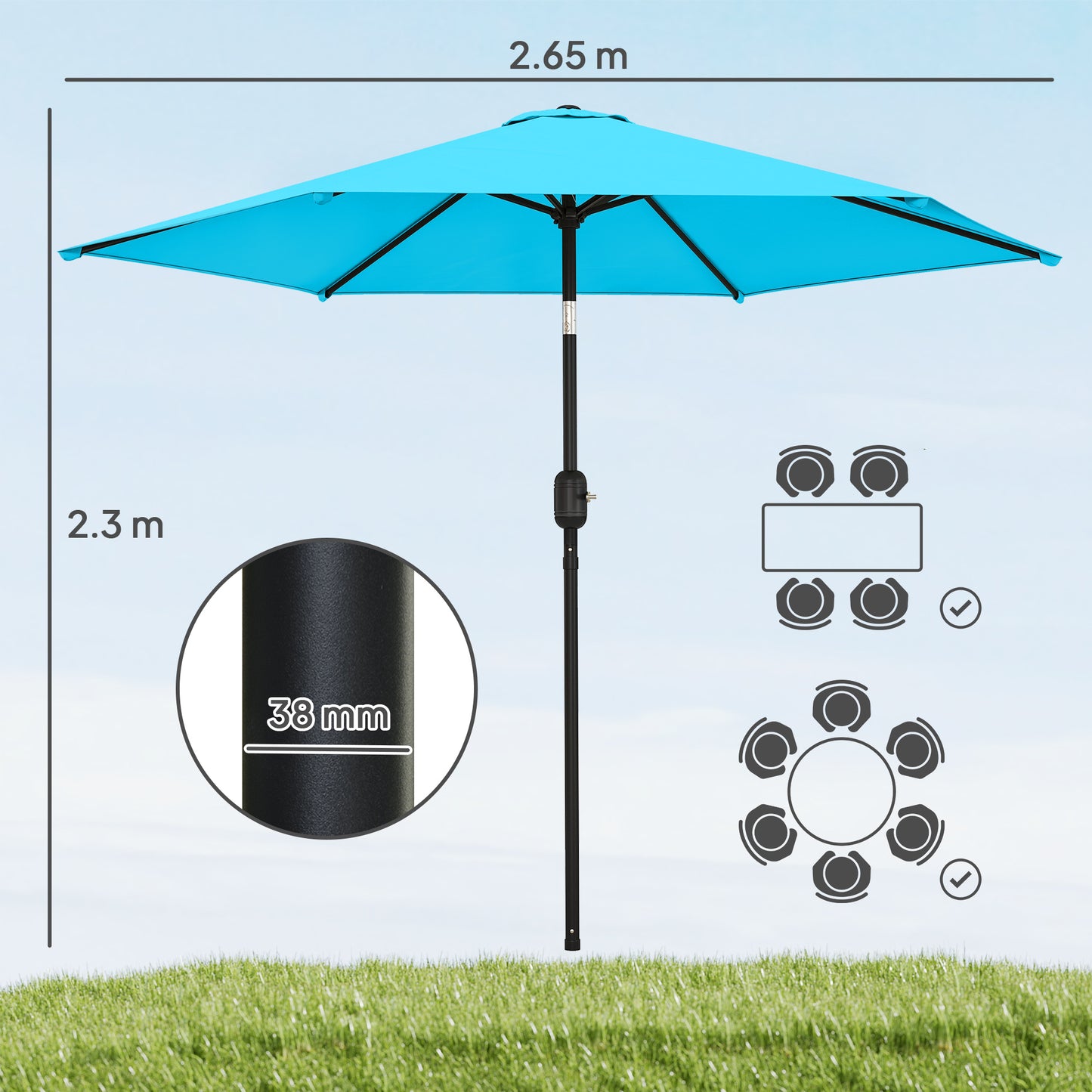 2.6 m Garden Parasol Umbrella with Aluminium Pole, Outdoor Patio Umbrella with Tilt and Crank, Vent, Blue