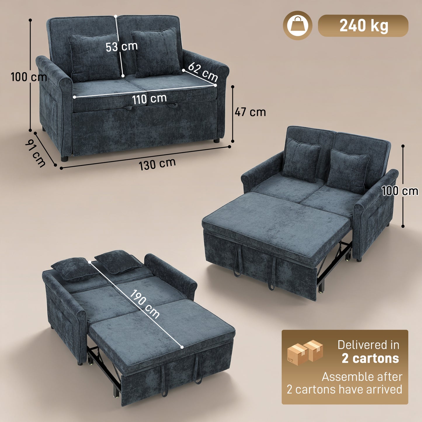 2 Seater Sofa Bed 3-in-1 Convertible Chenille Pull Out Sleeper Sofa with 5-Position Adjustable Backrest, Dark Blue