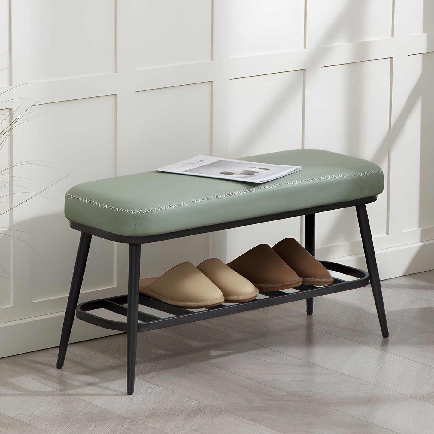 PU Leather Shoe Storage Bench - Green