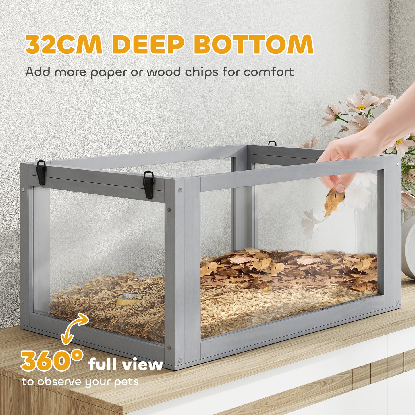 Wooden Hamster Cage with Detachable 32cm Deep Bottom, Hut, Seesaw, Exercise Wheel, Ramp, 60 x 40 x 75cm, Light Grey