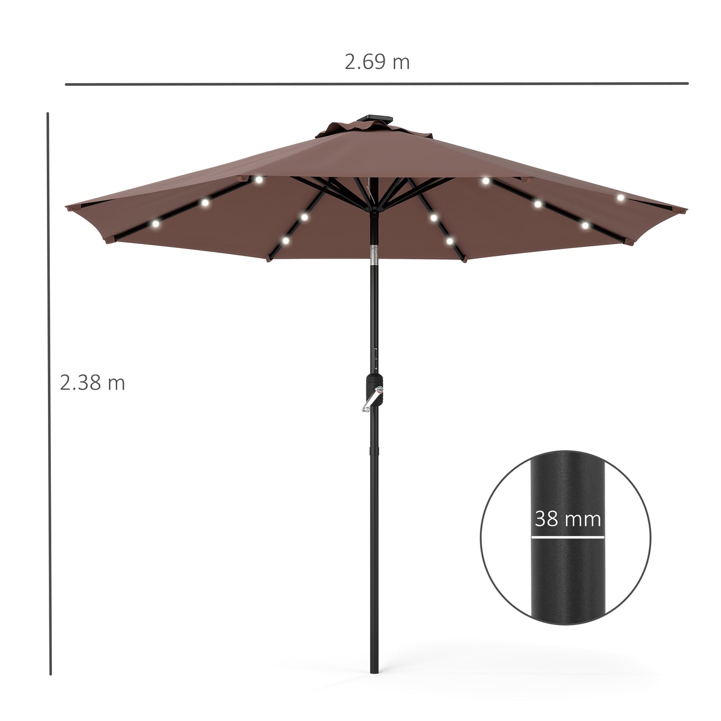 Φ2.7m Garden 24 LED Light Parasol Solar Outdoor Tilt Sun Umbrella Patio Club Party Event Manual Sun Shade w/ Hand Crank and 8