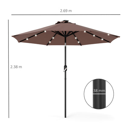 Φ2.7m Garden 24 LED Light Parasol Solar Outdoor Tilt Sun Umbrella Patio Club Party Event Manual Sun Shade w/ Hand Crank and 8