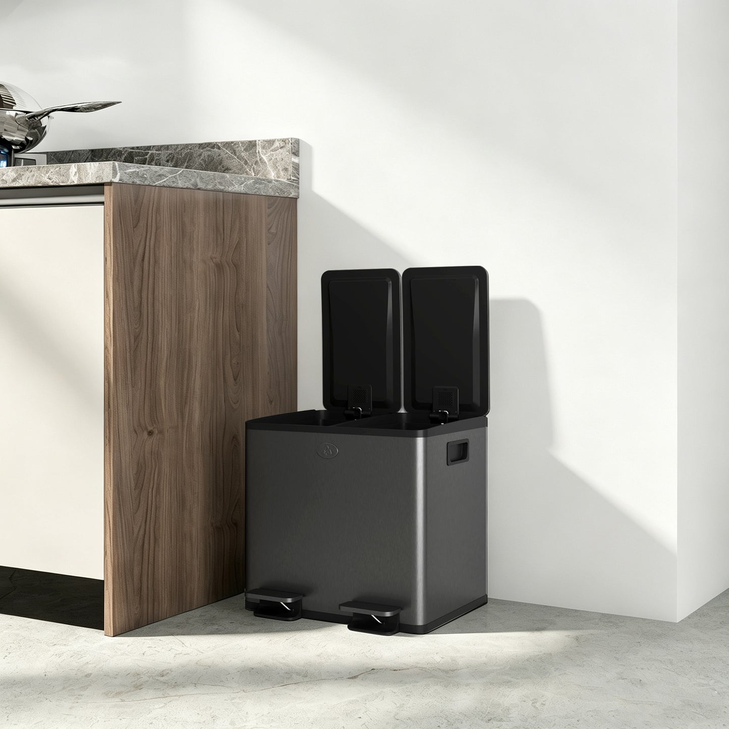 30L Dual Compartment Stainless Steel Bin, with Deodoriser Holders - Black