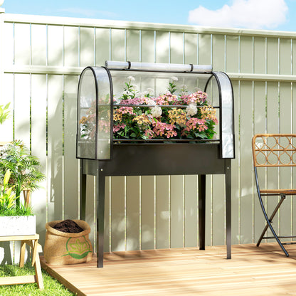 Raised Planter with Flip-Up Greenhouse Cover, Metal Raised Garden Bed on Legs with Drainage Hole, Black