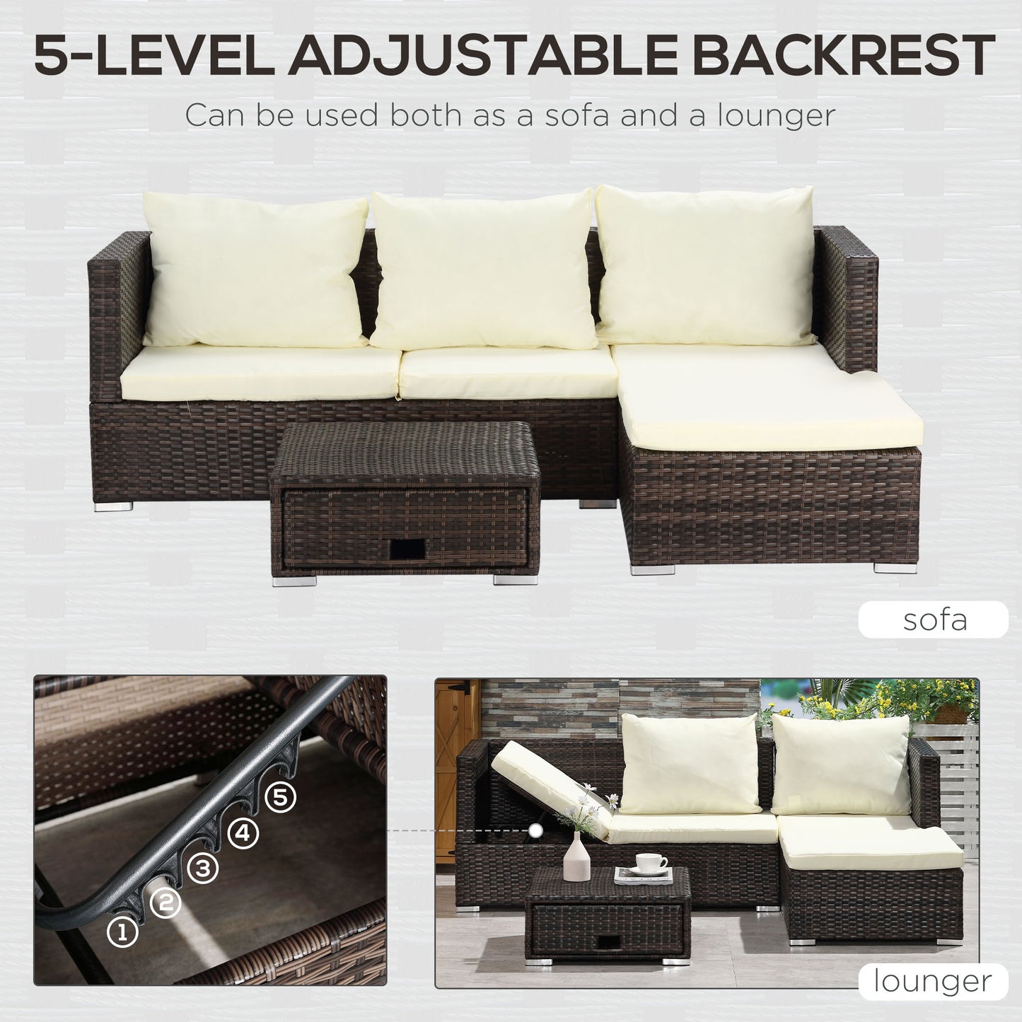 3 Pieces Rattan Garden Furniture Sofa Set, 4 Seater Garden Corner Sofa