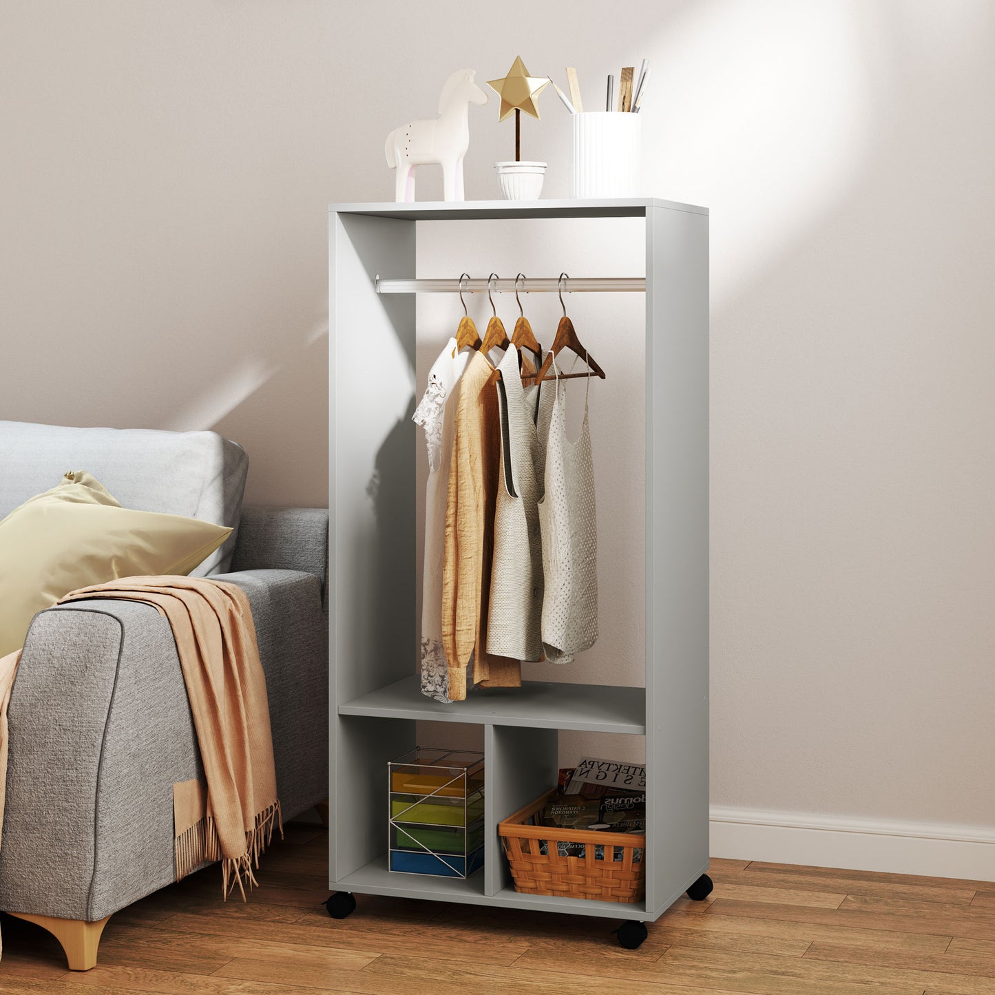 Open Wardrobe on Wheels, Bedroom Wardrobe with Clothes Hanging Rail, 2 Storage Shelves, Mobile Garment Rack for Cloakroom