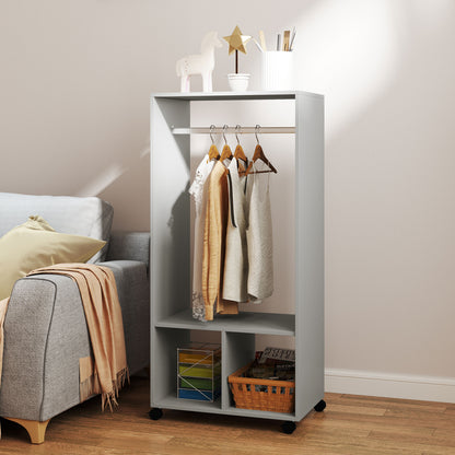 Open Wardrobe on Wheels, Bedroom Wardrobe with Clothes Hanging Rail, 2 Storage Shelves, Mobile Garment Rack for Cloakroom