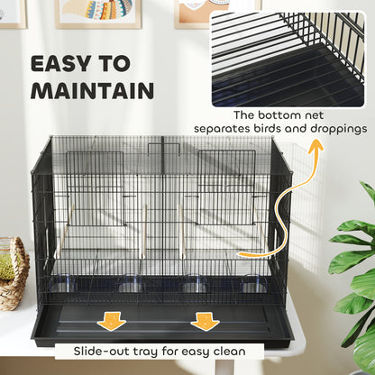 Bird Cage with Divider, 4 Wooden Perches, Slide Out Tray, 4 Feeders, for Budgie, Lovebird, Canary, 76 x 46 x 46cm, Black