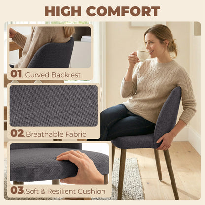 Dining Chairs Set of 2, Linen Upholstered Kitchen Chairs with Padded Seat, Curved Backrest, Rubberwood Legs, Dark Grey