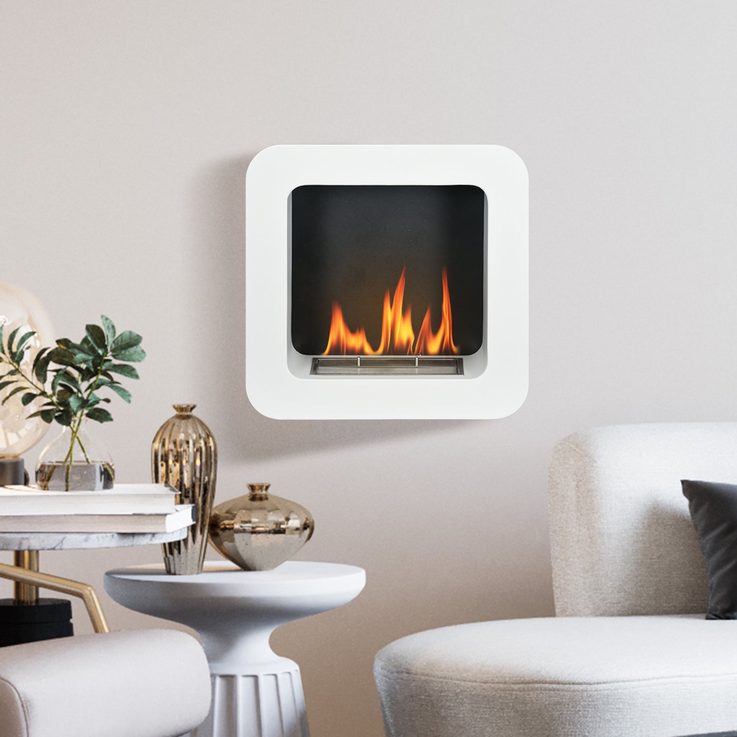 Wall Mounted Ethanol Fireplace, Bioethanol Heater Stove Fire with 1L Tank, 2.5 Hour Burning Time, 48 x 48 cm, White