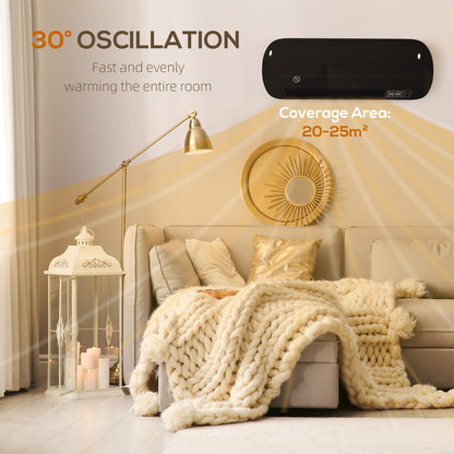2000W Ceramic Electric Heater with Fan, Adjustable Thermostat, Wall Mounted - Black