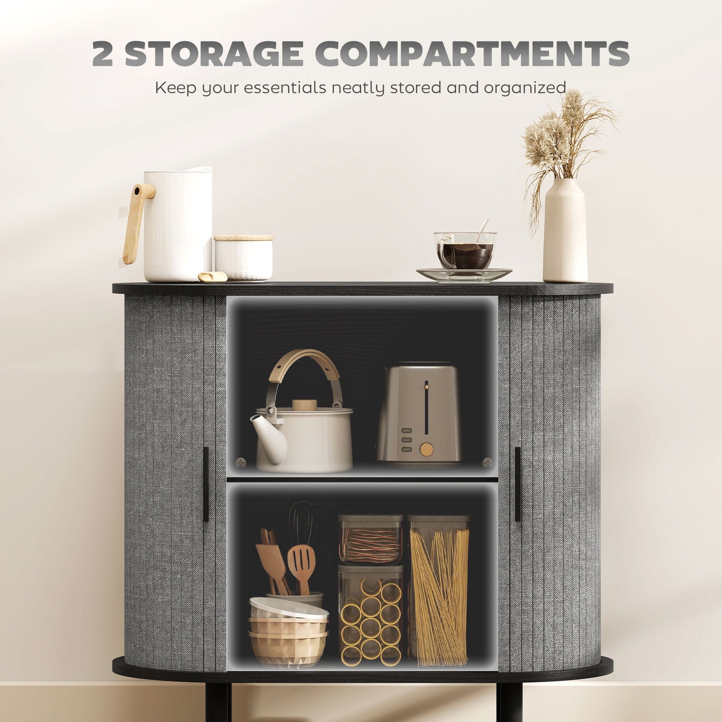 Tambour Sideboard with Fluted Sliding Doors, Modern Kitchen Cupboard with Storage Shelves and Wooden Legs, Grey