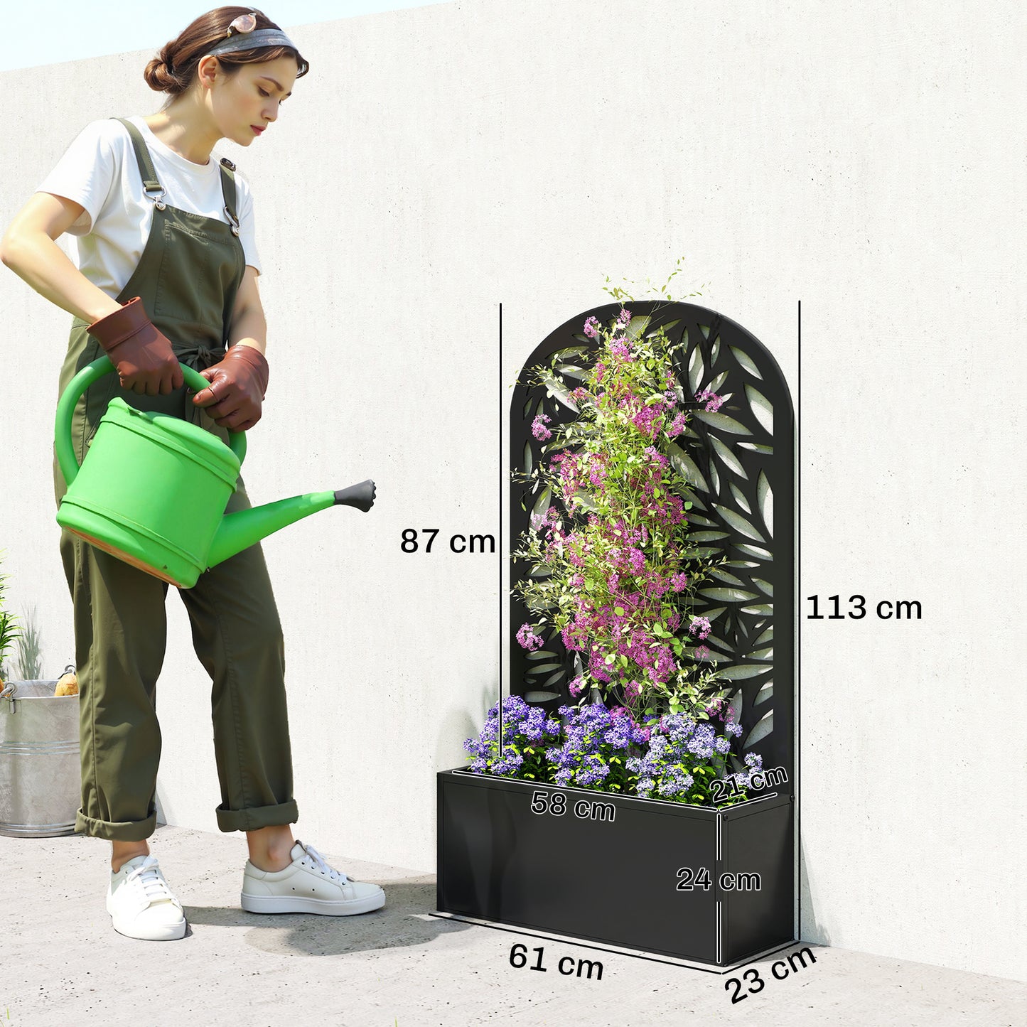 Metal Garden Bed for Garden with Trellis, Wall Mounted or Freestanding Raised Planter with Curved Privacy Screen