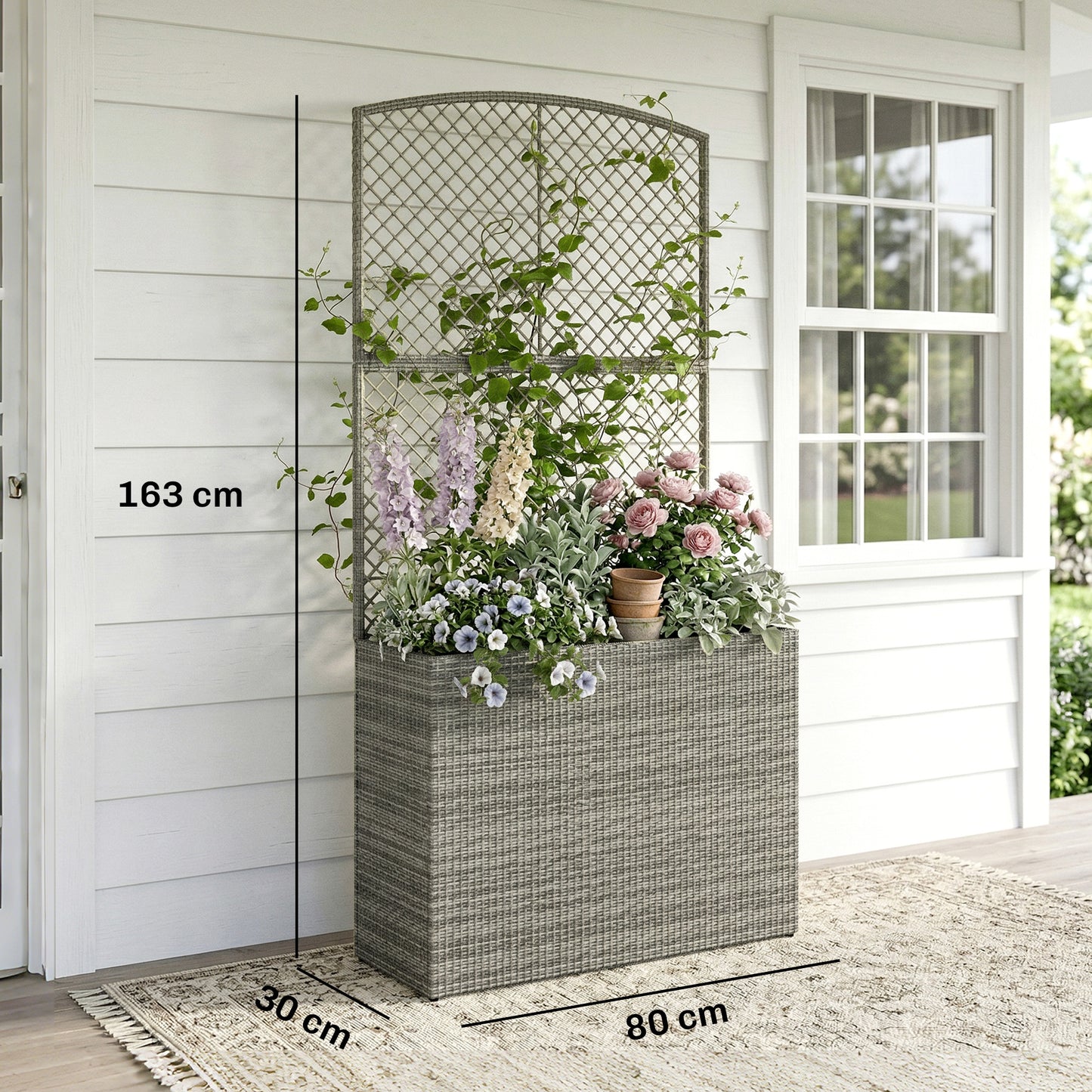 Rattan Planter with Trellis, Raised Beds for Garden with Liner for Climbing Plants Vegetables Flowers, Dark Grey