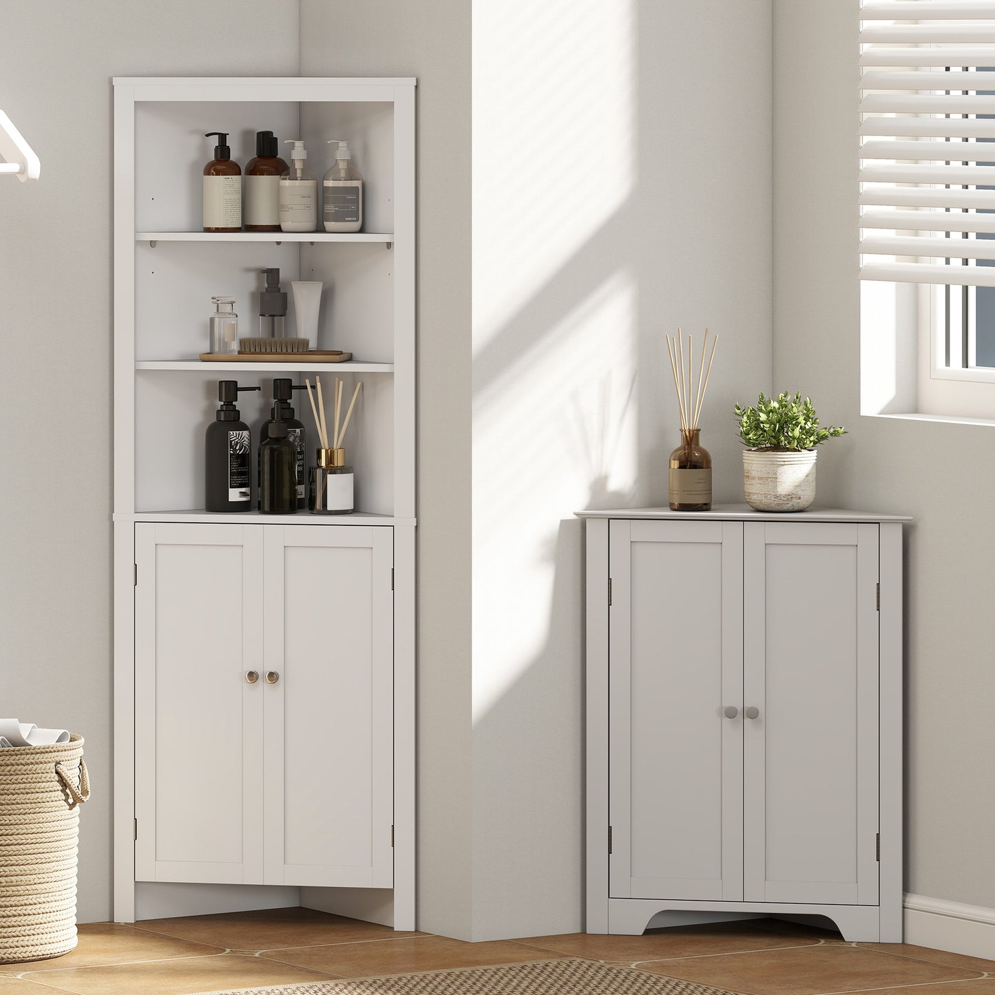 Corner Cabinet, Triangle Bathroom Storage Cabinet with Adjustable Shelf and Recessed Door, Free Standing, White