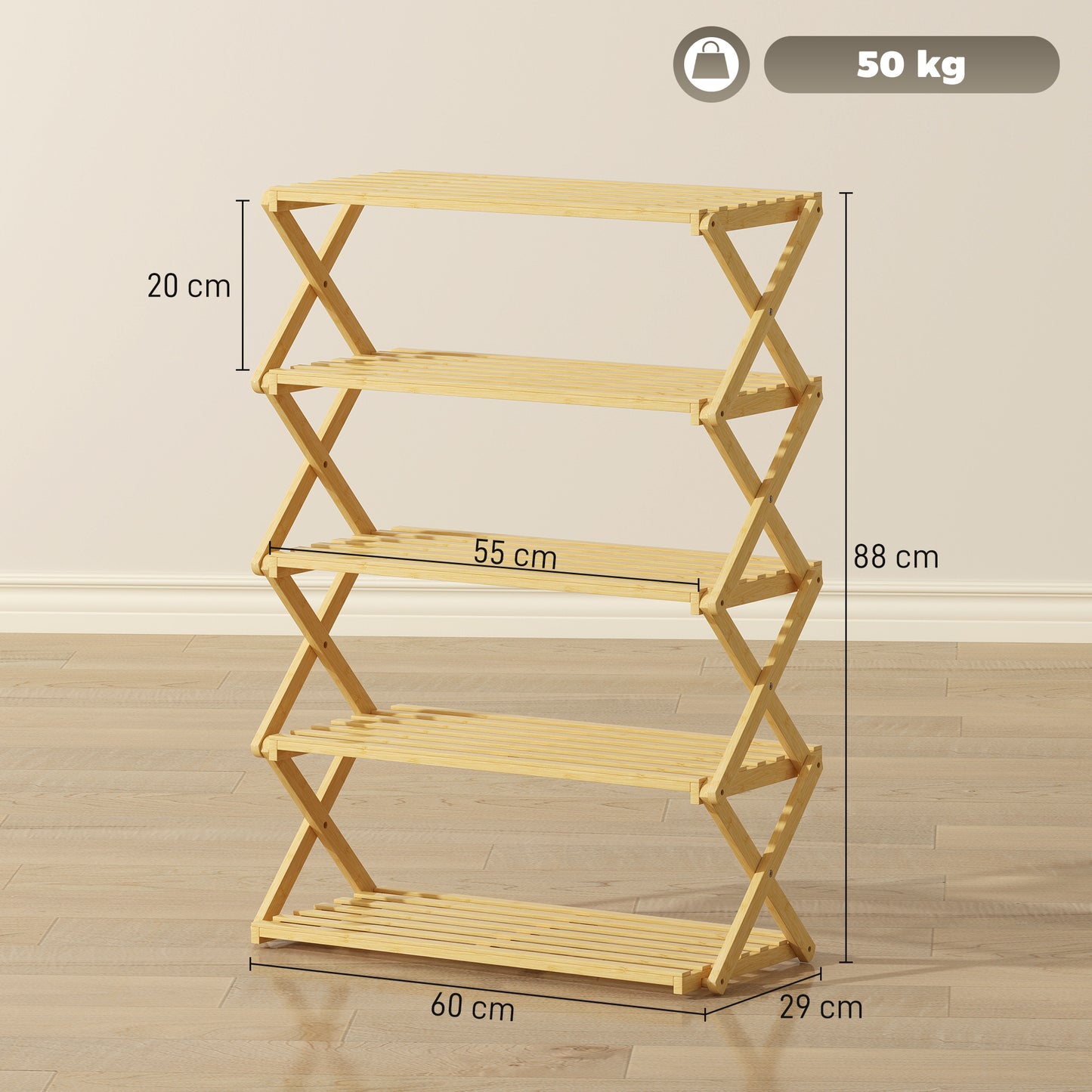 Five-Tier Folding Bamboo Shoe Rack - Natural Finish