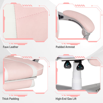 Faux Leather Reclining Gaming Chair, with Footrest - Pink/White